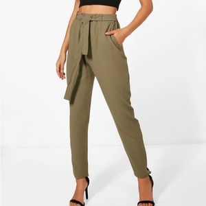 Boohoo Tie Waist Woven Crepe Slim Fit Pants